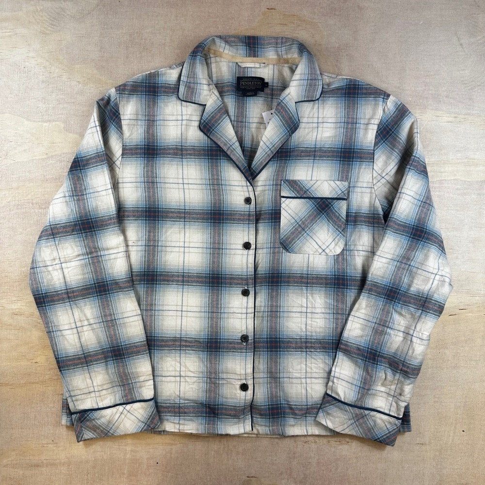 Pendleton Mens Flannel Pajama Top Blue Cream Plaid Long Sleeve Button Up LG NEW